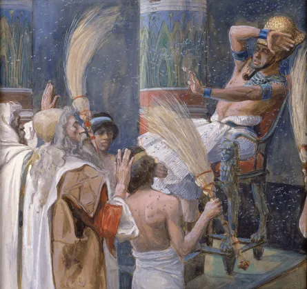 Illustration of an Egyptian ruler recoiling on a throne while attendants and priests gesture amid a swarm of flies filling the scene.