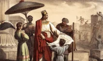 Ancient painting depicting a biblical scene with robed figures