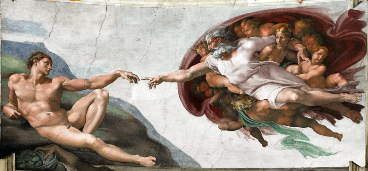 Renaissance fresco depicting God reaching out toward Adam, their nearly touching fingers centered against a pale background, symbolizing the creation of humanity.