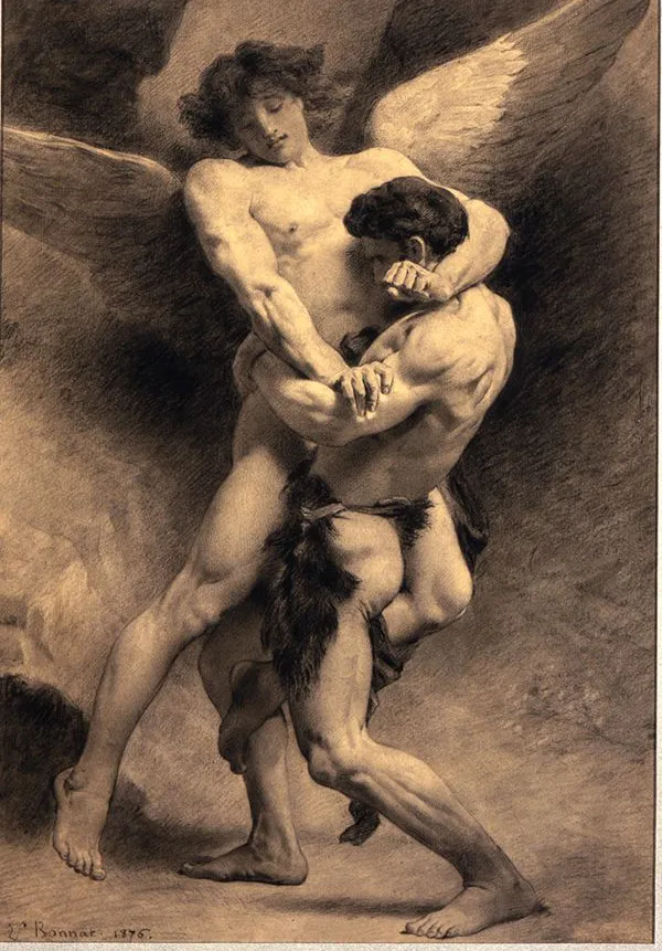 Monochrome drawing showing Jacob grappling with an angel, their muscular figures intertwined in a dramatic struggle.