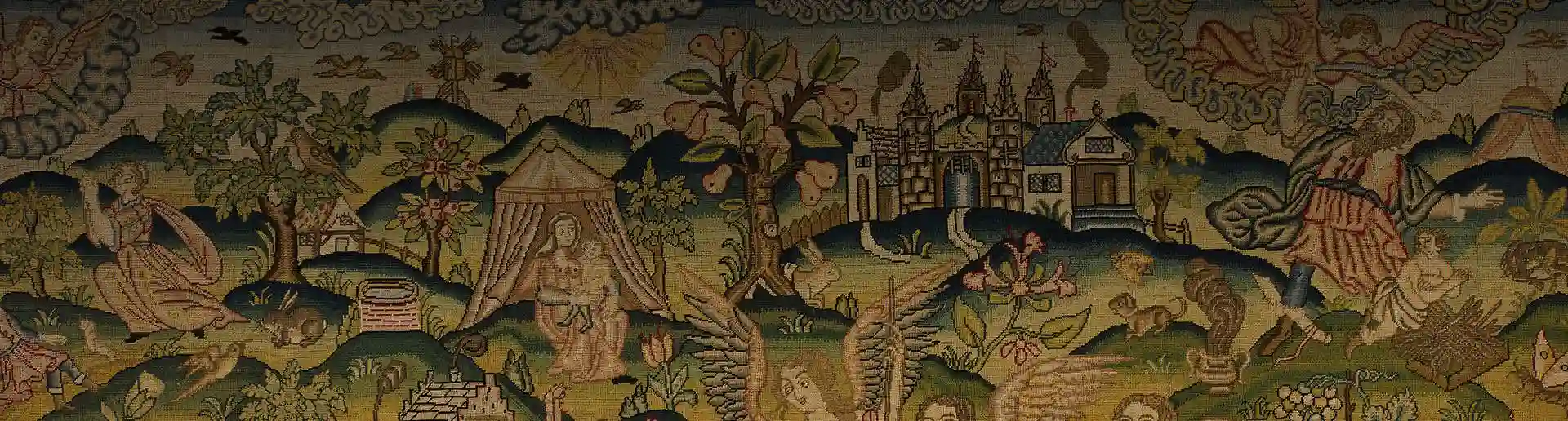 Tapisserie médiévale représentant des scènes bibliques avec personnages, arbres et bâtiments