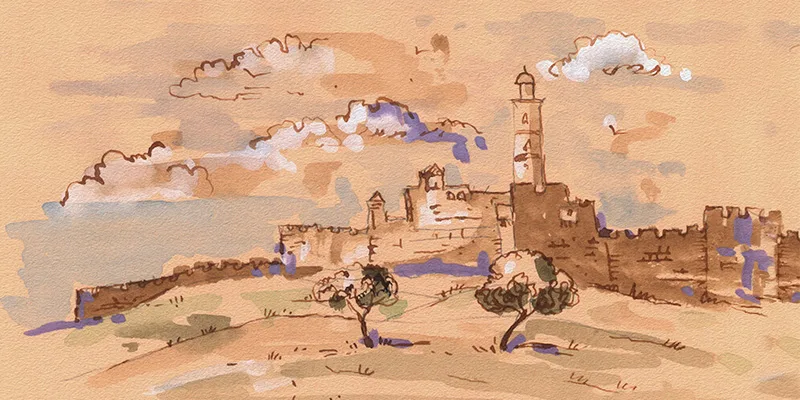 Watercolor illustration of an ancient walled city