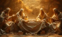 Four biblical figures seated together discussing an open book in golden light