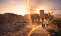 Ancient stone fortress under dramatic, cloudy sky; crack of bright lightning divides the image. Pathway leads to gate, with people and plants adding life.