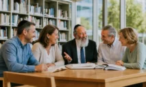 Rabbi leading a Bible study discussion with four adults in a library.