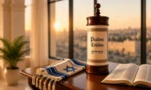 Hebrew Book of Psalms displayed beside a tall scroll case and an Israeli prayer shawl.