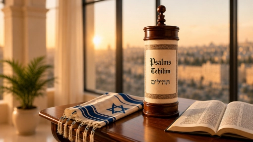 Hebrew Book of Psalms displayed beside a tall scroll case and an Israeli prayer shawl.