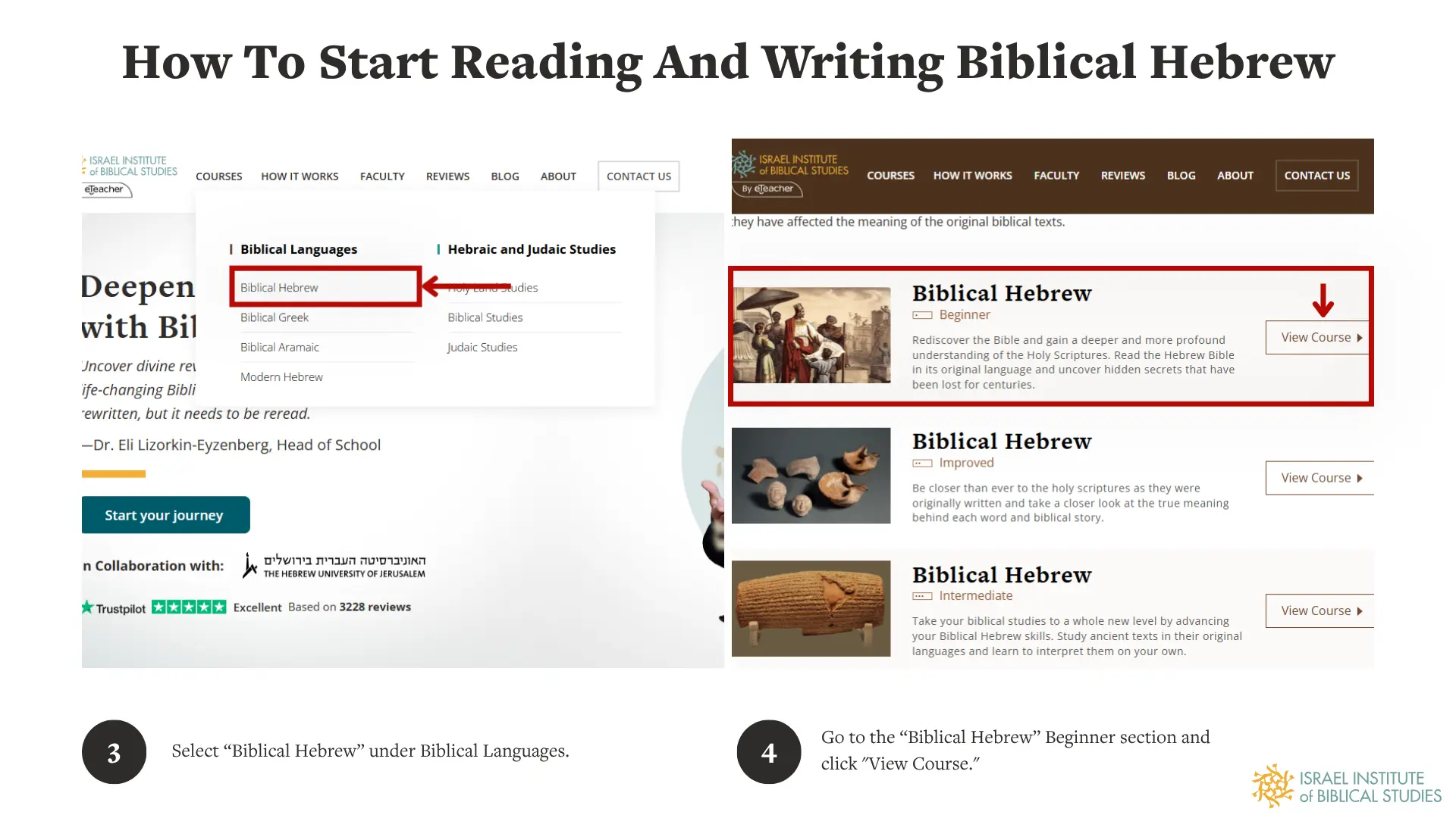 Steps 3 and 4: selecting Biblical Hebrew under Biblical Languages and clicking View Course in the Beginner section