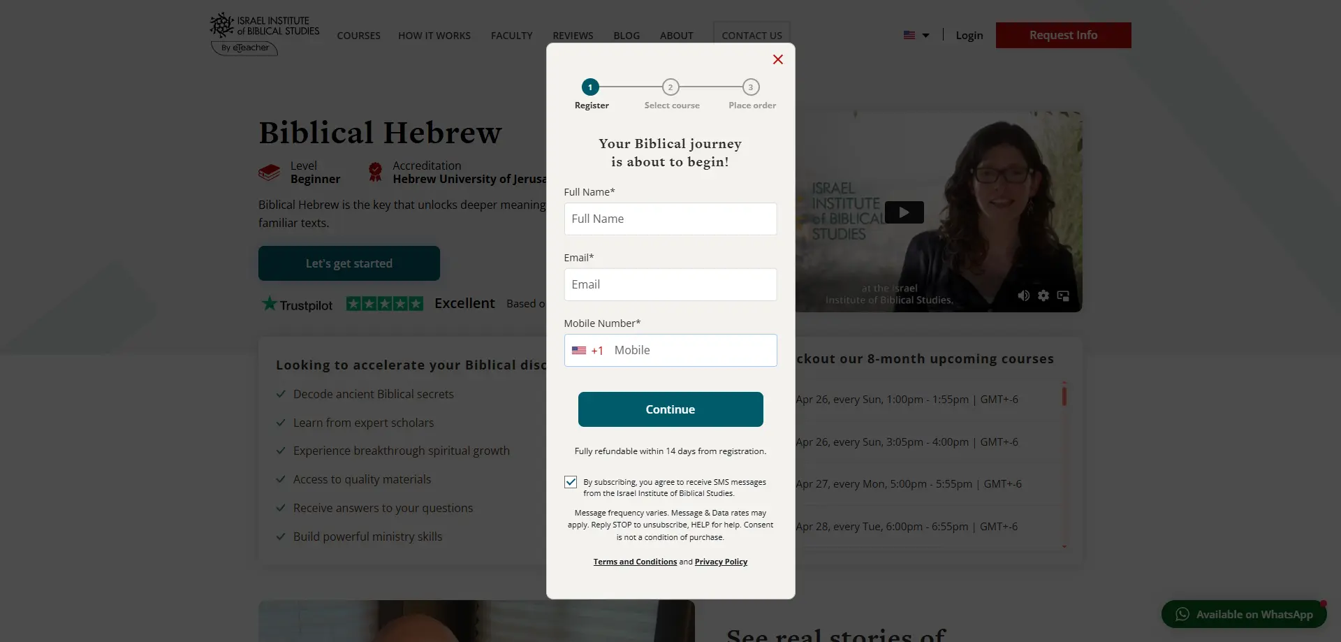 Steps 7 and 8: the registration pop-up and selecting a course date and time