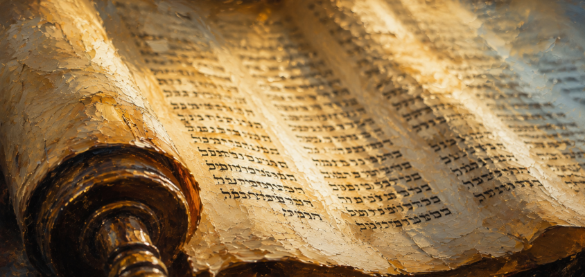 Ancient Torah scroll showing Biblical Hebrew script in warm light