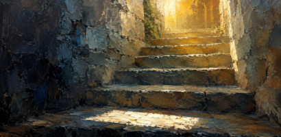 Ancient stone steps rising into morning light, illustrating the first step in learning Biblical Hebrew
