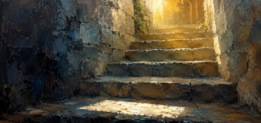 Ancient stone steps rising into morning light, illustrating the first step in learning Biblical Hebrew