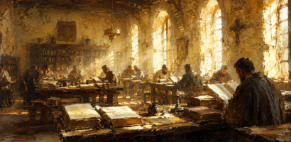 Sunlit study hall with open books on long wooden tables, illustrating what a Bible school offers