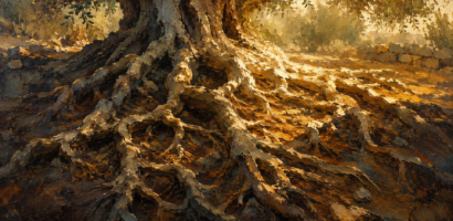 Exposed olive tree roots branching through earth, illustrating the root system behind Biblical Hebrew grammar