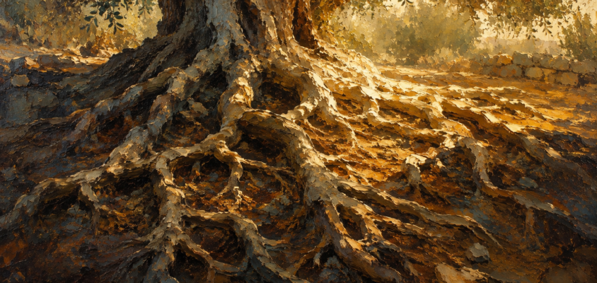 Exposed olive tree roots branching through earth, illustrating the root system behind Biblical Hebrew grammar
