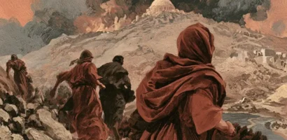 Lot and his family fleeing Sodom as the city burns in the distance