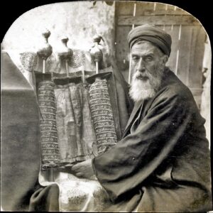 Samaritan High Priest holding an old Pentateuch scroll, Nablus, 1905
